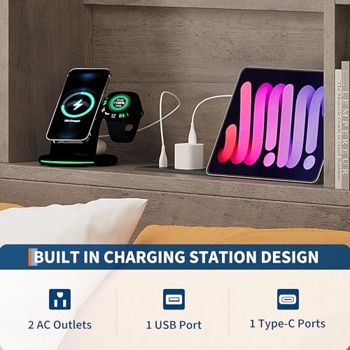 GarveeHome Full Size Bed Frame with Bookcase Headboard and Charging Station Z337