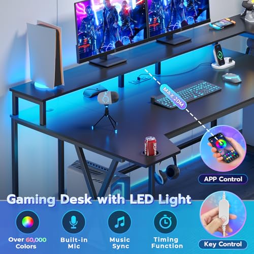 SEDETA Gaming Desk 70.8'' with LED Lights and Storage Shelves, Black Y2845