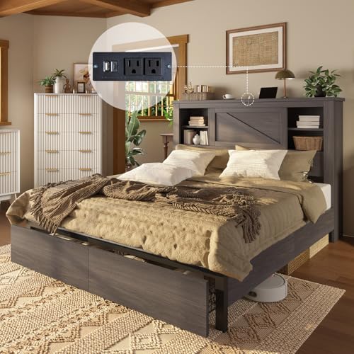 AMERLIFE King Bed Frame with Bookcase Headboard and Charging Station V4787