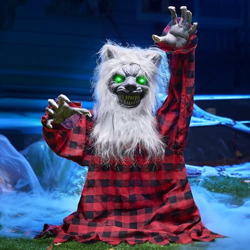 JOYIN Halloween Outdoor Decorations Animated, Animatronics Werewolf Groundbreaker Outside Decor, Scary Werewolf Prop with Moving Arms & Light-Up Eyes for Graveyard Lawn Yard Haunted House Decoration