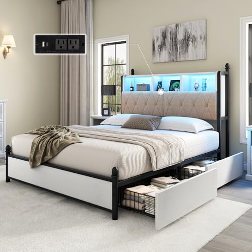 AMERLIFE Full Size Bed Frame with Bookcase Headboard, Charging Station, Rustic Brown H544