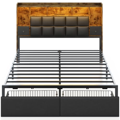 LED Bed Frame Full Size with Bookshelf Headboard and Charging Station R978868