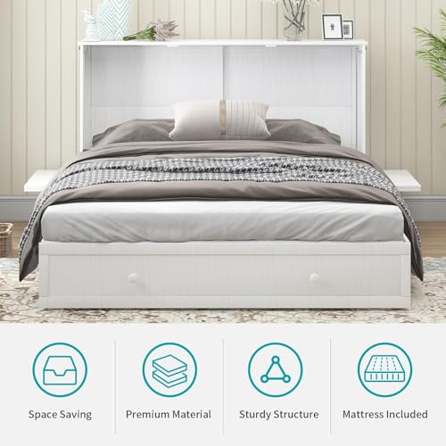 BALUS Murphy Bed Cabinet Queen with Tri-fold Mattress, USB Charging Station, Grey-Blue X7255
