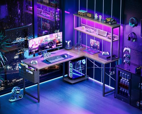 AODK L Shaped Gaming Desk with LED Light & Power Outlet, Grey Oak P41493