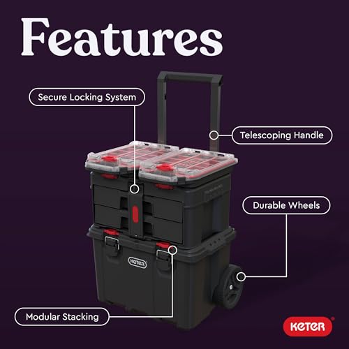 Keter Stack-n-Roll Modular Tools Organizer, 3 Piece Resin Rolling Tool Box, Black S451