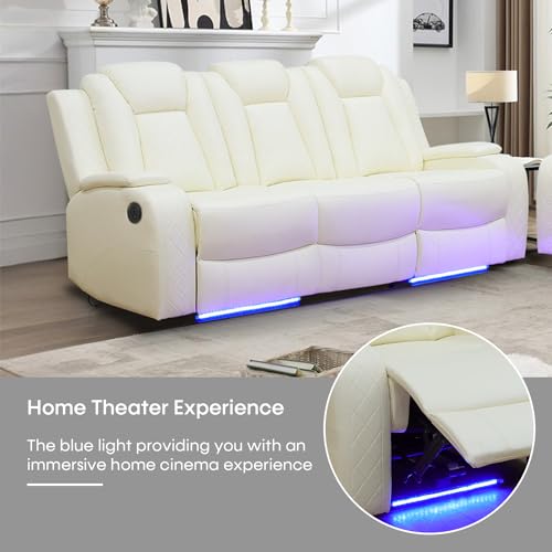 Leather Recliner Sofa Set with LED Lights, USB Port and Storage Console, 3 Piece, Black T442650
