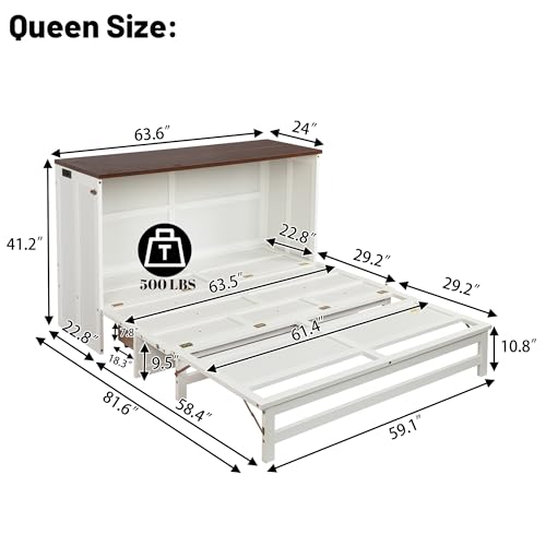 Queen Murphy Bed Cabinet with Storage Drawer and Charging Station, Solid Pine, White A401