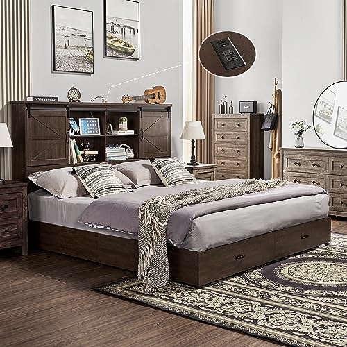 VanAcc Full Size Wooden Platform Bed with Bookcase Headboard and 2 Drawers O6158