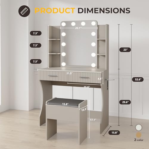 White Vanity Desk with LED Mirror and Storage Stool D5834