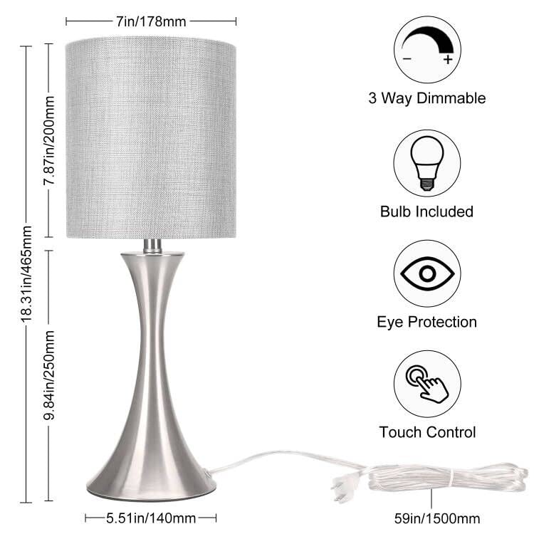 Dimmable Bedside Lamp with Touch Control, Beige Shade, LED Bulb Included S148