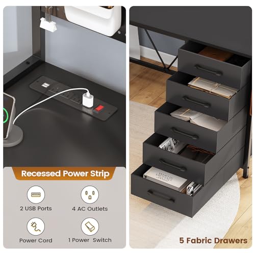 SEDETA L Shaped Gaming Desk with Drawers, LED Lights, and Power Outlet O3738