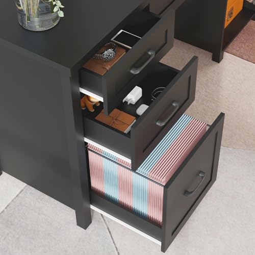 Farmhouse 61" Executive Desk with 5 Drawers and Charging Station, Pure Black W116439