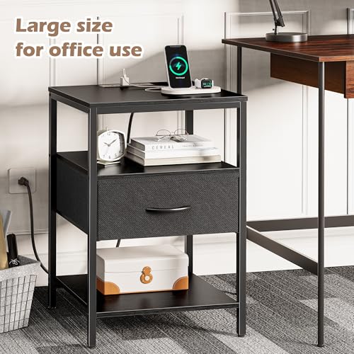 SUPERJARE Nightstand with Charging Station, Fabric Drawer, 3-Tier Storage, Walnut K366263