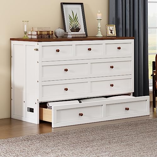 Ball & Cast Queen Size Solid Pine Murphy Bed with Charging Station, White + Walnut P2075