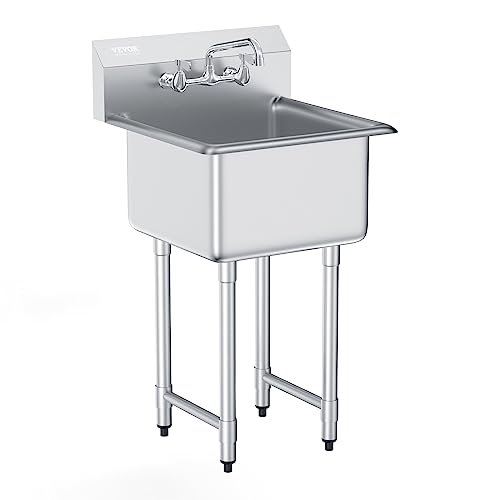 VEVOR Stainless Steel Prep & Utility Sink, 1 Compartment Free Standing Small Sink Include Faucet & legs, 21"x18" Commercial Single Bowl Sinks for Garage, Restaurant, Kitchen, Laundry