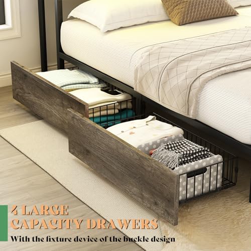 AMERLIFE Full Size Bed Frame with Bookcase Headboard, Charging Station, Rustic Brown H544