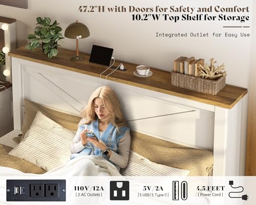 AMERLIFE King Bed Frame with Bookcase Headboard and Charging Station V4787