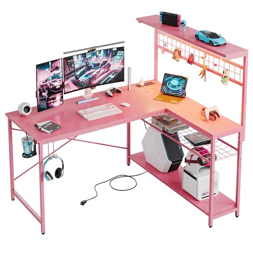 Bestier 42 L Gaming Desk with Power Outlets, LED Lights and Shelves D8630