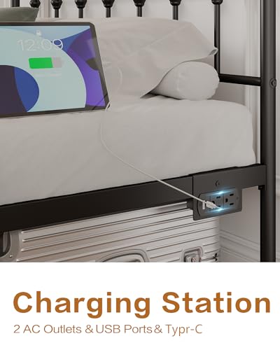 Full Bed Frame with Charging Station, Metal Platform, Black Y12142