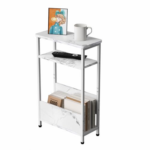 7.1" Narrow 3-Tier Side Table with Magazine Holder, Faux White Marble R580691