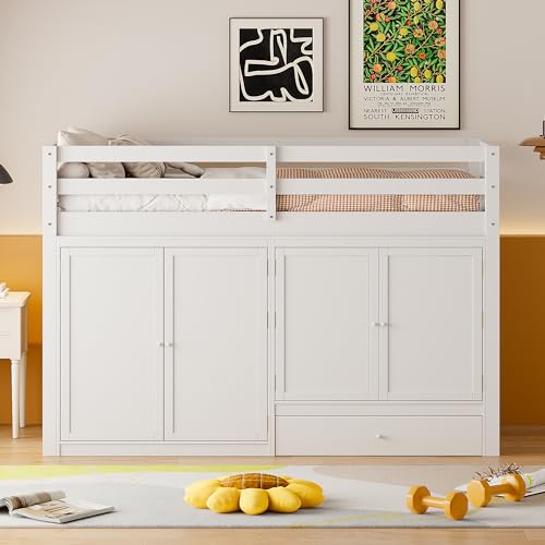 Harper & Bright Designs Twin Size Loft Bed with L-Shaped Desk and Stairs, Solid Wood, White D768