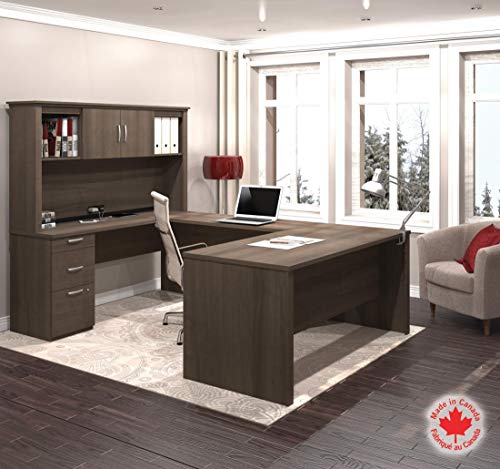 Bestar Logan 66W U or L-Shaped Executive Office Desk with Pedestal and Hutch, Bark Grey W17996