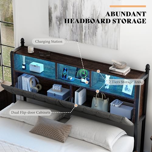 AMERLIFE Full Size Bed Frame with Bookcase Headboard, Charging Station, Rustic Brown H544