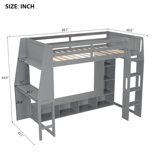 SOFTSEA Full Size Loft Bed with Desk, Storage and LED Lights, Solid Wood, Grey Q282