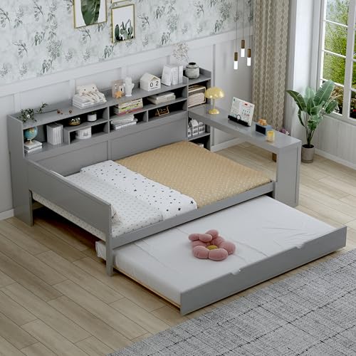 Bellemave Twin Corner Bed Frame with Storage Shelves and Desk, Gray L74206