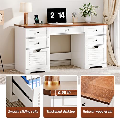 Antique Cream 59" Executive Farmhouse Computer Desk with 7 Drawers and Charging Station R75936
