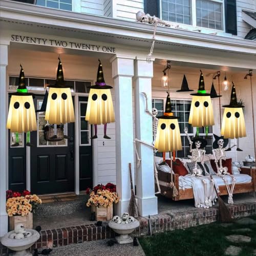Halloween Hanging Ghosts with Witch Hat Lights, Set of 4 for Outdoor Yard Decor H703891
