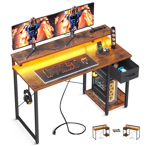 AODK Gaming Desk with LED Lights & Power Outlet, 40 Inch, Black T67329