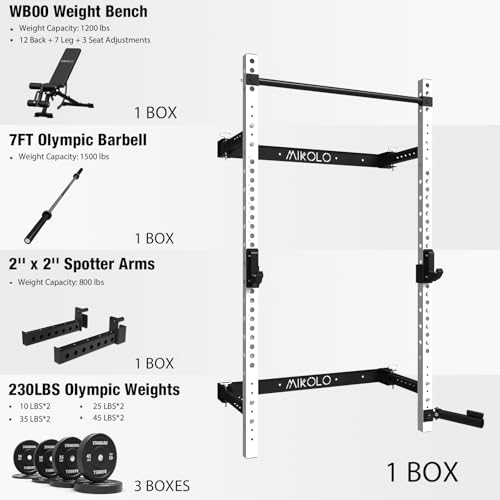 Mikolo 2" x 2" Folding Wall Mounted Squat Rack with Pull Up Bar, 1000 lbs Capacity W88407