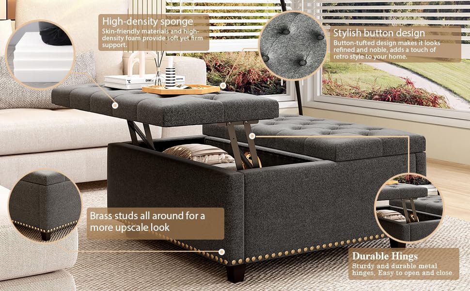 Large Square Storage Ottoman Coffee Table with Lift Top, Linen Upholstered, Light Grey L2433