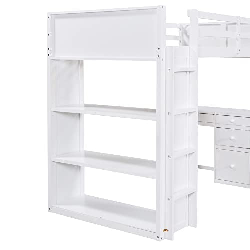 Harper & Bright Designs Full Size Loft Bed with Wardrobe and Desk, Solid Wood, White R4710