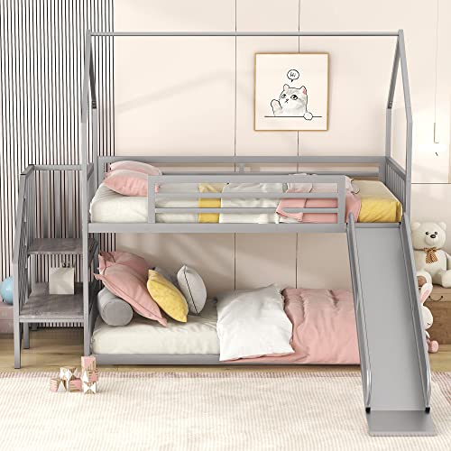 Twin Over Twin Metal Bunk Bed with Slide and Storage Stairs, Black P81241