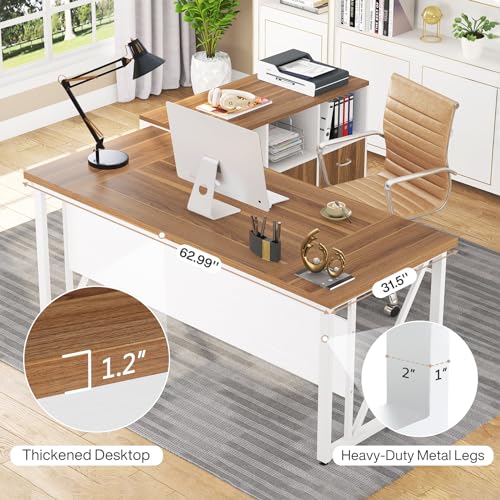 Tribesigns 63" Executive Desk with 47" Lateral File Cabinet, L-Shaped Computer Desk, Brown and Black N680173