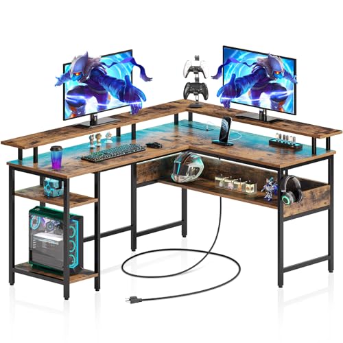 Rolanstar Computer Desk 56.7" with LED Lights and Power Outlets, Carbon Fiber Surface, Reversible L Shaped Gaming Desk with Monitor Stand, Office Desk with Storage, Desk with USB Port and Hook