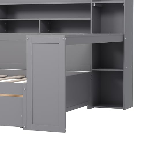 Bellemave Twin Corner Bed Frame with Storage Shelves and Desk, Gray L74206