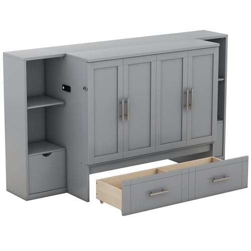 Ball & Cast Queen Size Solid Pine Murphy Bed with Charging Station, White + Walnut P2075