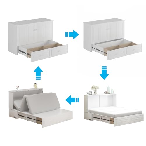 Mjkone Murphy Bed Cabinet Queen Size with USB Charging Station & Storage Drawers, White U176463