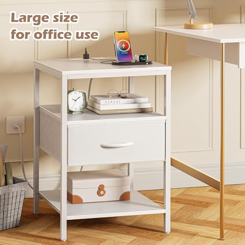 SUPERJARE Nightstand with Charging Station, Fabric Drawer, 3-Tier Storage, Walnut K366263