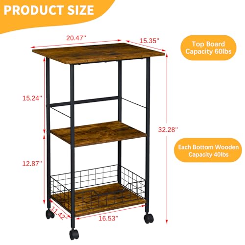 Microwave Cart with Storage, 3-Tier Rolling Kitchen Stand, Wood and Metal Utility Cart I6668