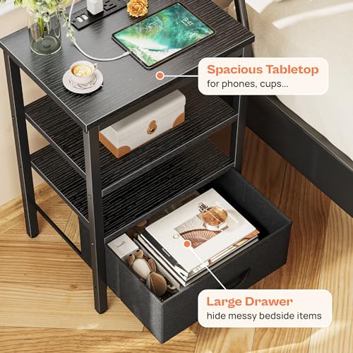 SUPERJARE Nightstand with Charging Station, Fabric Drawer, 3-Tier Storage, Walnut K366263