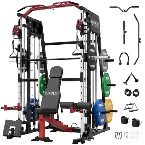 Mikolo Smith Machine 2200lbs Squat Rack with Lat Pulldown & Cable Crossover E219
