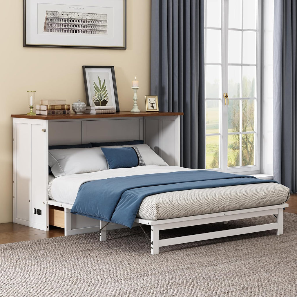 Murphy Bed Full Size with Drawer and Charging Station, White + Walnut Q53827