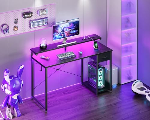 AODK Gaming Desk with LED Lights & Power Outlet, 40 Inch, Black T67329