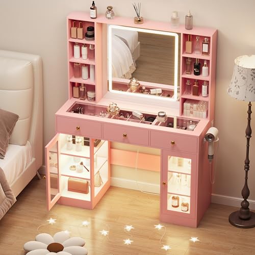 White Vanity Desk with Mirror and Lights, Glass Top, 3 Drawers V863482