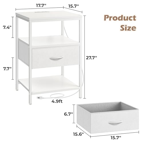 SUPERJARE Nightstand with Charging Station, Fabric Drawer, 3-Tier Storage, Walnut K366263