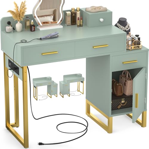 Vanity Desk with 4 Storage Drawers - Modern Makeup Vanity Table with Charging Station, Black Vanity Desk with Reversible Cabinet Dressing Table Set with Divided Organizers for Women Girls, Black